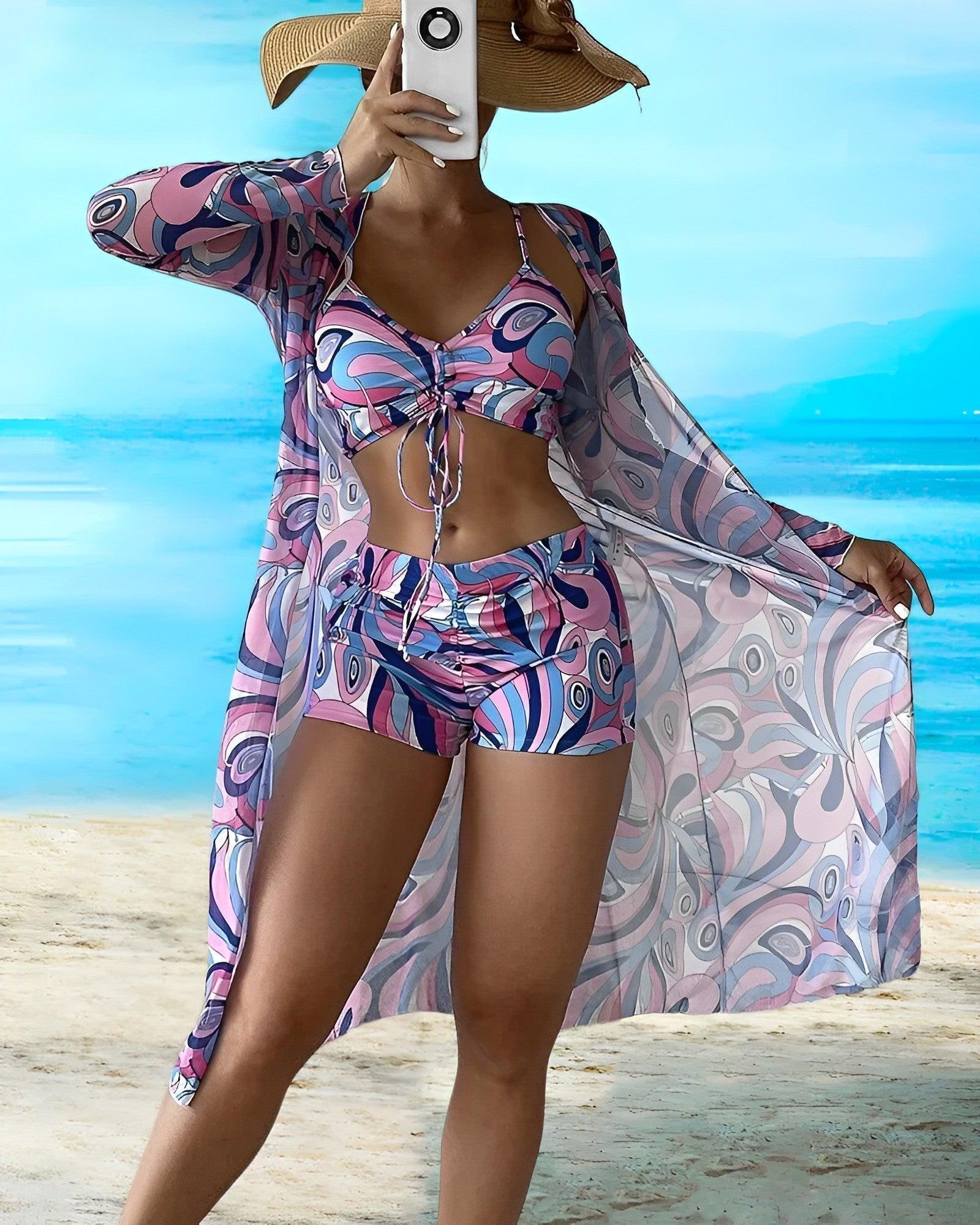 Philomina Bikini Set | 3-Piece Swirl Print with Drawstring Top, Shorts & Cover-Up - Image 2