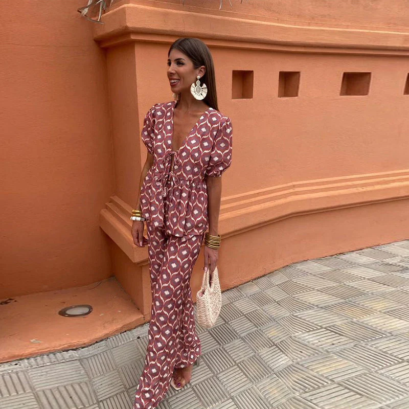 Piera Two-Piece Linen Set | Puff Sleeve Tie-Front Top & High-Waist Pants - Image 2