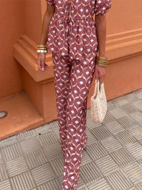 Piera Two-Piece Linen Set | Puff Sleeve Tie-Front Top & High-Waist Pants - Image 3