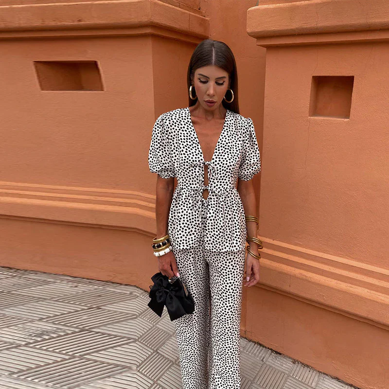 Piera Two-Piece Linen Set | Puff Sleeve Tie-Front Top & High-Waist Pants - Image 4