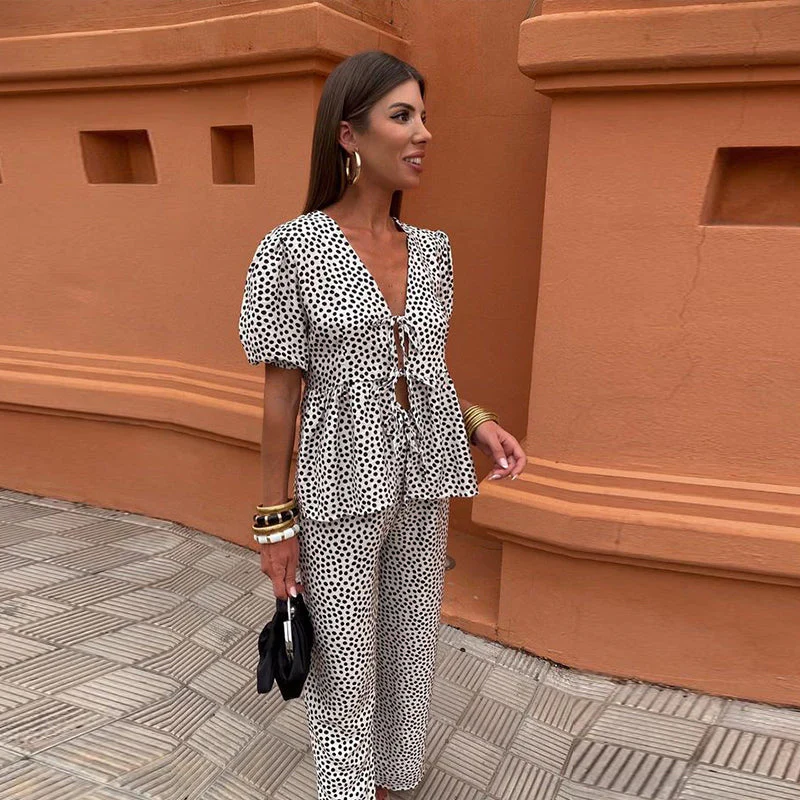 Piera Two-Piece Linen Set | Puff Sleeve Tie-Front Top & High-Waist Pants - Image 5
