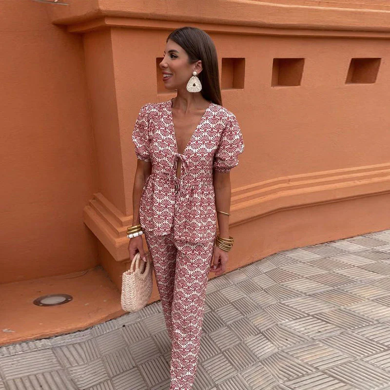 Piera Two-Piece Linen Set | Puff Sleeve Tie-Front Top & High-Waist Pants - Image 7