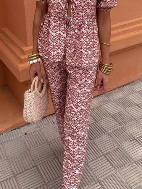 Piera Two-Piece Linen Set | Puff Sleeve Tie-Front Top & High-Waist Pants - Image 9