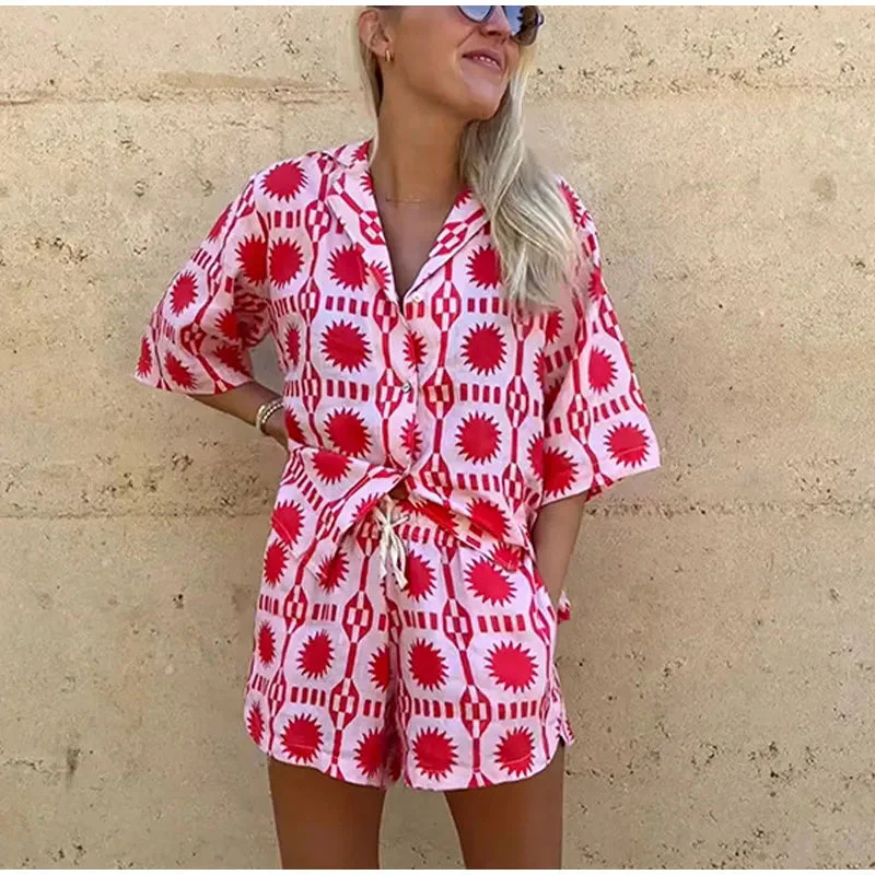 Prisca Co-ord Cotton Set | Geometric Button-Up Shirt & Shorts - Image 2