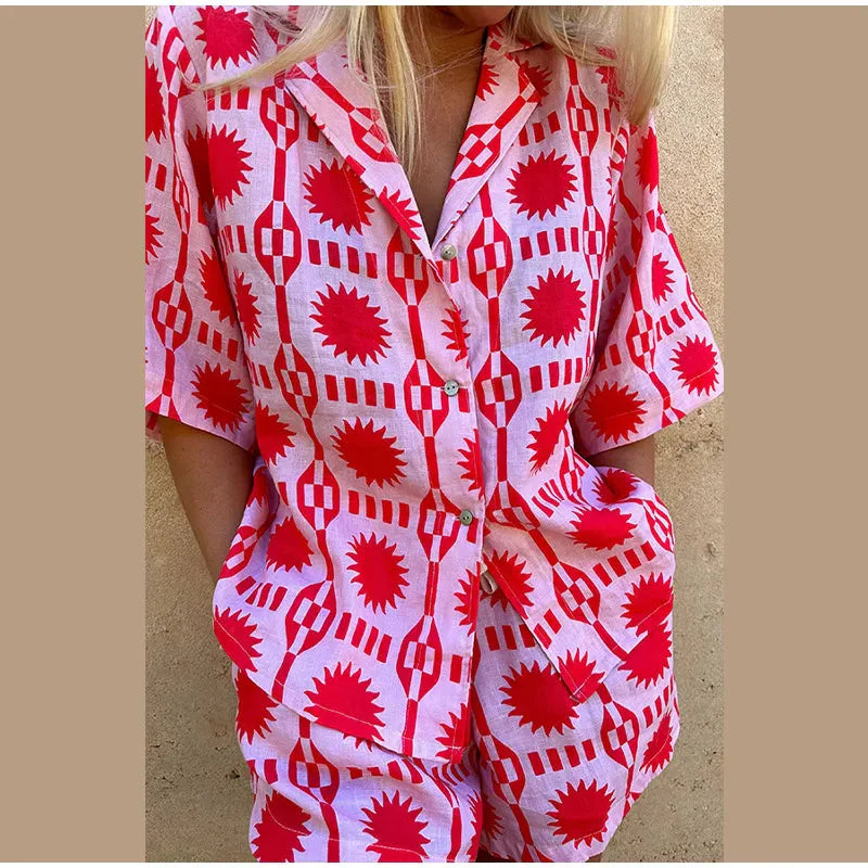 Prisca Co-ord Cotton Set | Geometric Button-Up Shirt & Shorts - Image 4