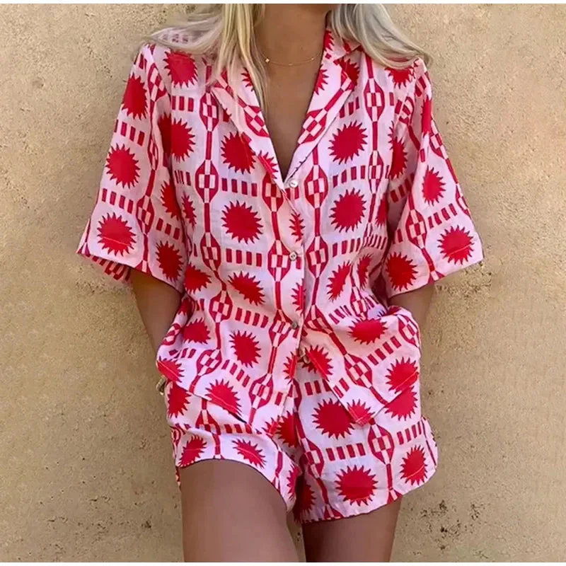 Prisca Co-ord Cotton Set | Geometric Button-Up Shirt & Shorts - Image 5