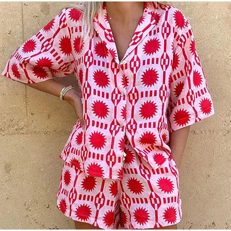 Prisca Co-ord Cotton Set | Geometric Button-Up Shirt & Shorts - Image 7