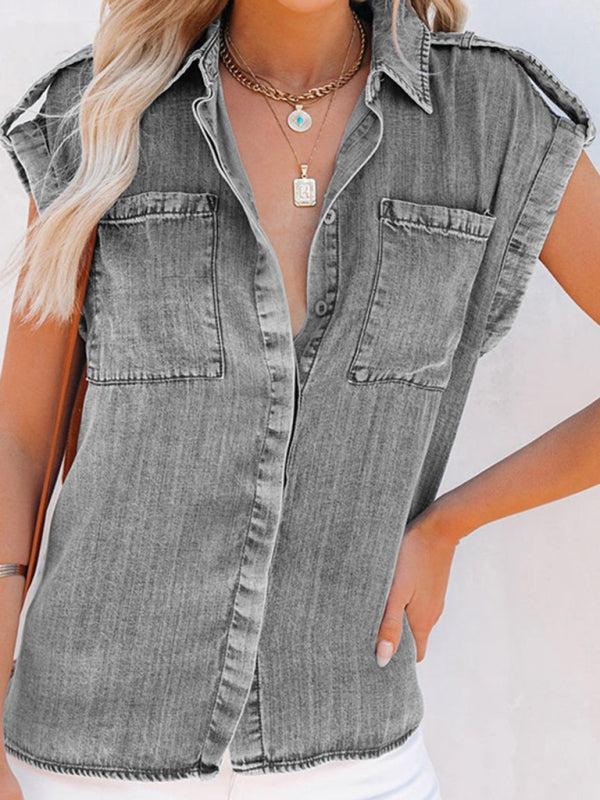 Qanaya Shirt | Cap Sleeve Loose Fit Denim Shirt - Image 2