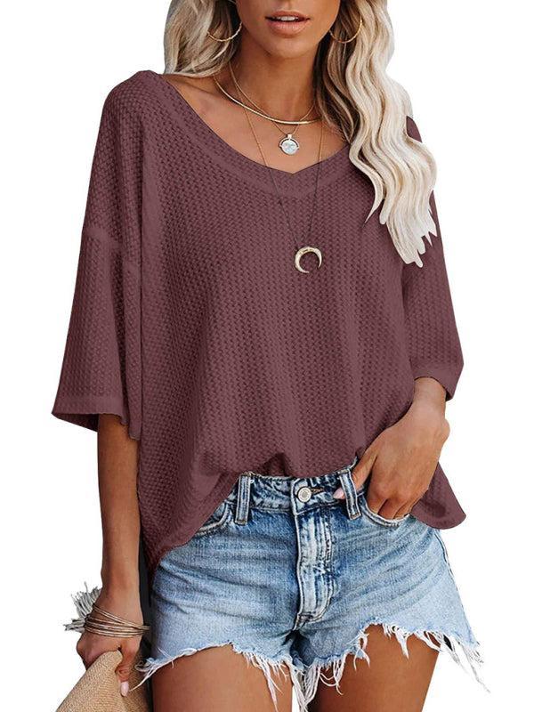 Qelara T-Shirt | V Neck Loose Sleeve Waffle Knit T-Shirt - Image 2