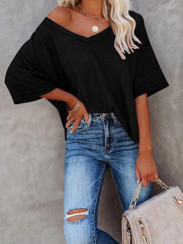 Qelara T-Shirt | V Neck Loose Sleeve Waffle Knit T-Shirt - Image 4
