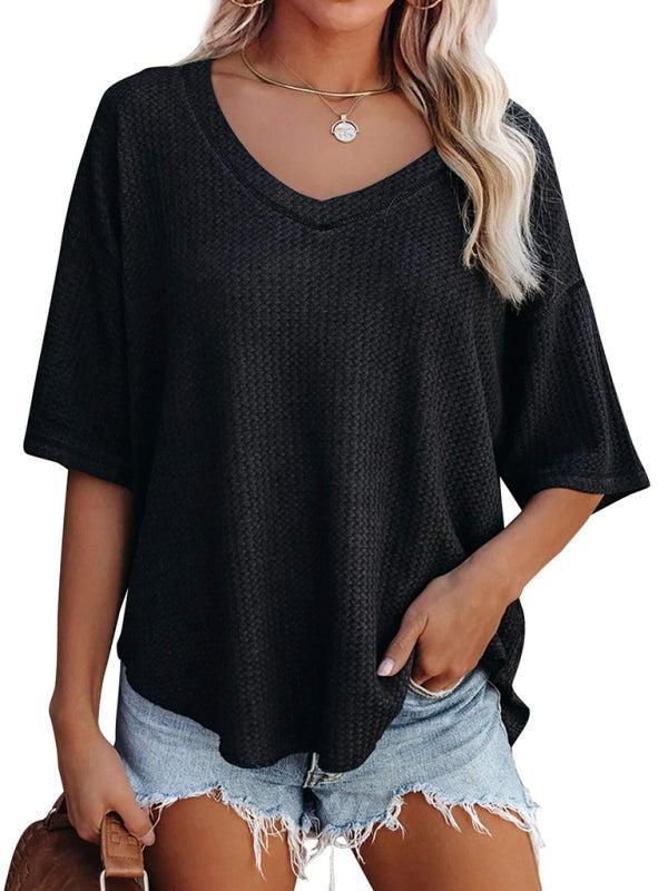 Qelara T-Shirt | V Neck Loose Sleeve Waffle Knit T-Shirt - Image 5