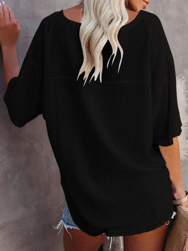 Qelara T-Shirt | V Neck Loose Sleeve Waffle Knit T-Shirt - Image 6