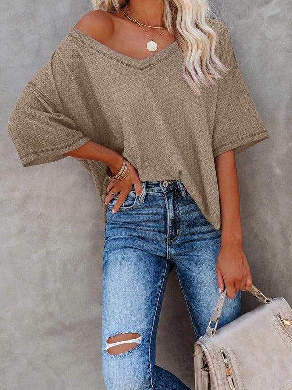 Qelara T-Shirt | V Neck Loose Sleeve Waffle Knit T-Shirt - Image 7