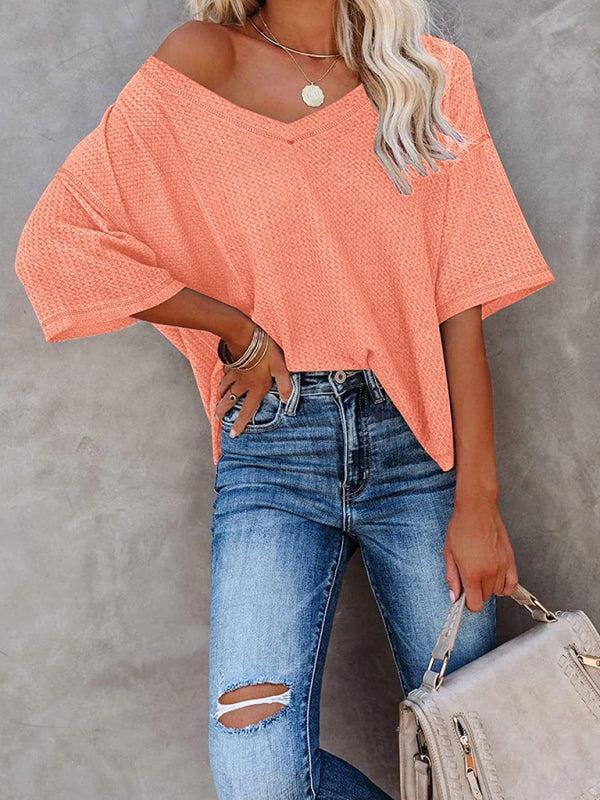 Qelara T-Shirt | V Neck Loose Sleeve Waffle Knit T-Shirt - Image 8