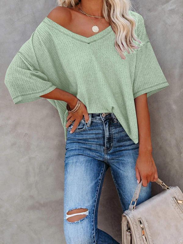 Qelara T-Shirt | V Neck Loose Sleeve Waffle Knit T-Shirt - Image 9