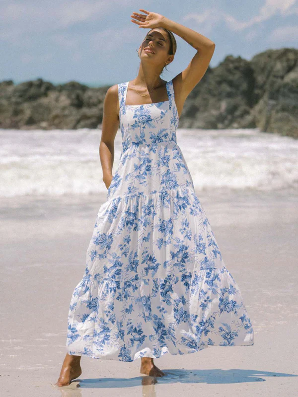 Qelina Dress | Breezy Blue & White Flowy Maxi Dress with Cross Strap Detail - Image 2