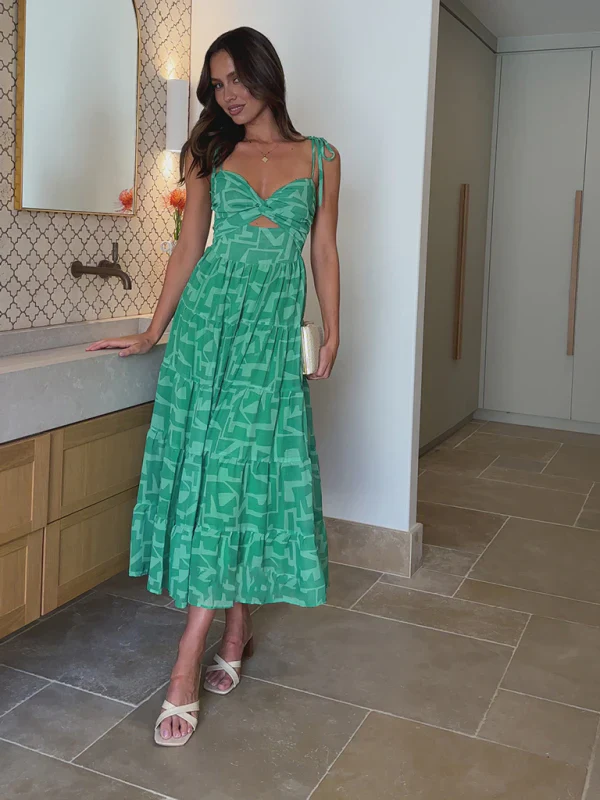 Queeny Dress | Green Pattern Maxi Dress with Sweetheart Neckline - Image 2