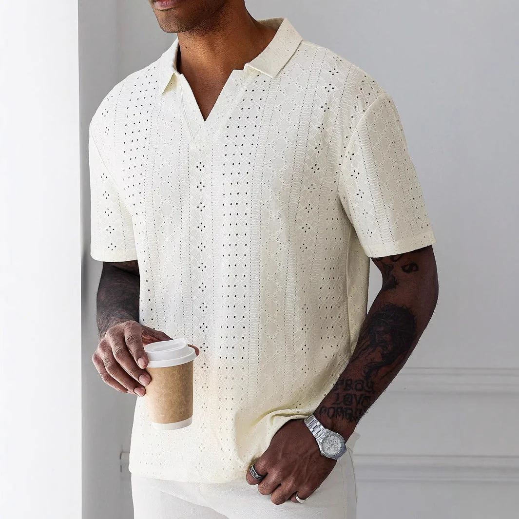 Rayan Polo | Men's Knit Polo with Jacquard Lace Design - Image 4
