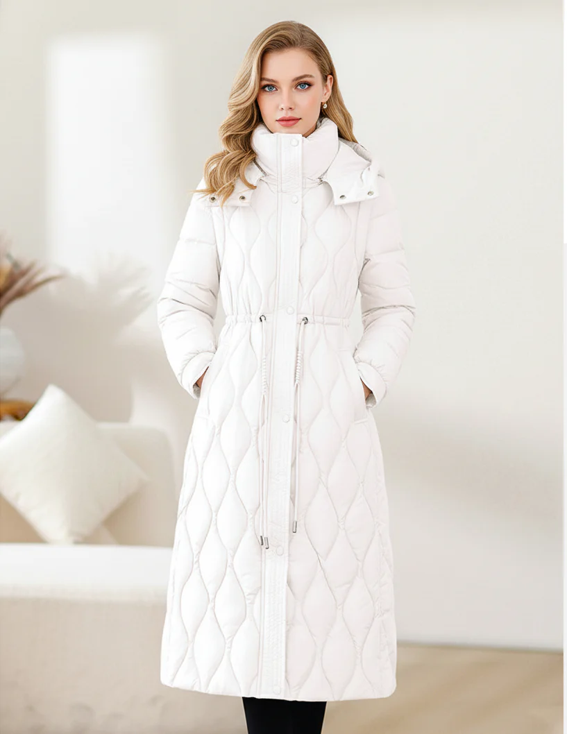 Rose Quilted Puffer Coat | Long Over-the-Knee Hooded Coat with Detachable Sleeves - Image 2