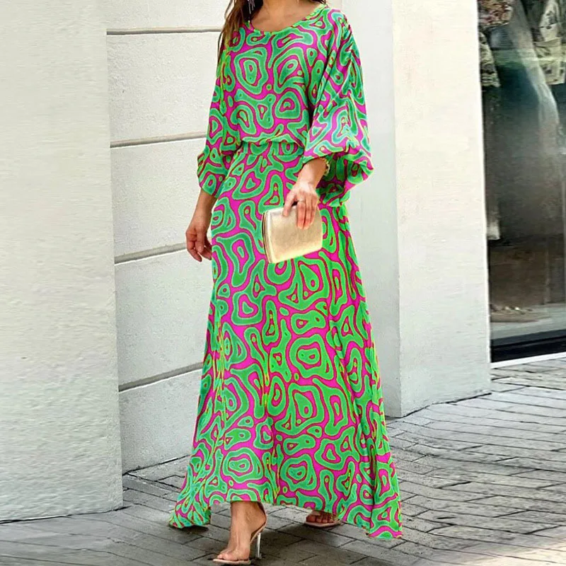 Selin Dress | Long Sleeve Round Neck Cinched Waist All-Over Print Dress