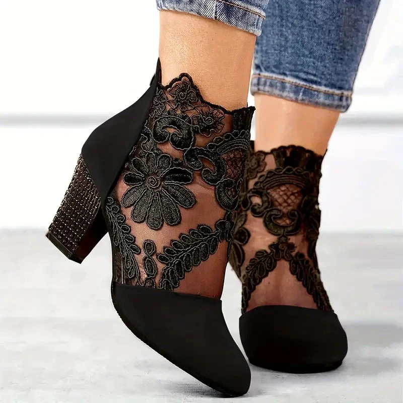 Sienna Floral Embroidered Lace Ankle Boots | Sheer Panels Ankle Boots - Image 3