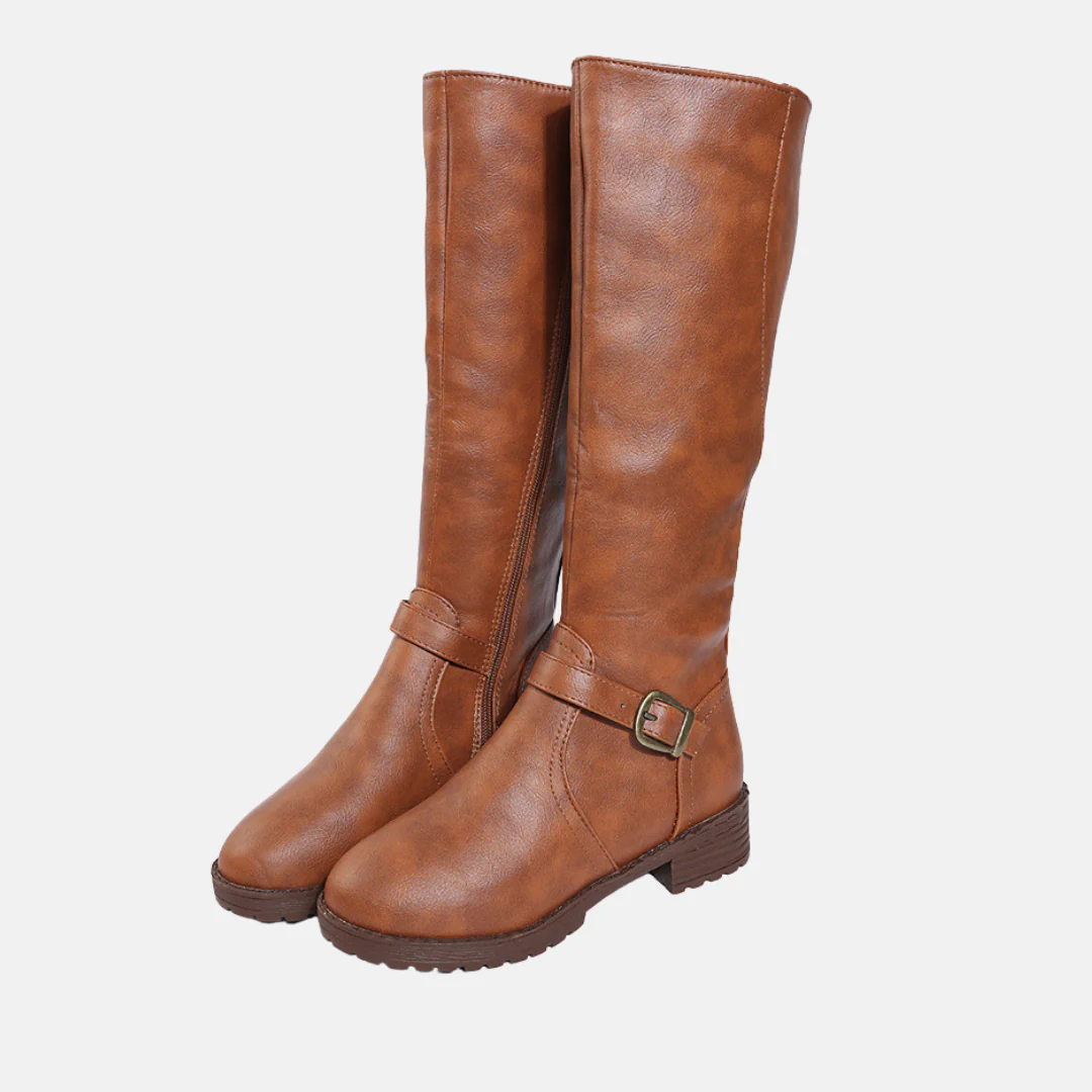 Sienna Knee High Boots | Buckle Strap Low Block Heel Boots