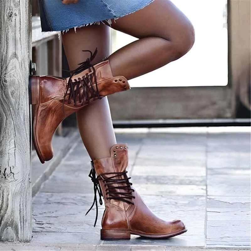 Sienna Lace-Up Mid-Calf Boots | Studded Low Heel Boots