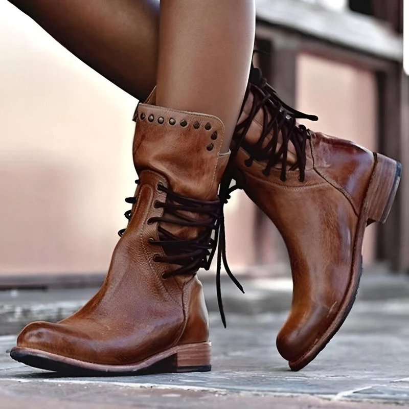 Sienna Lace-Up Mid-Calf Boots | Studded Low Heel Boots - Image 2