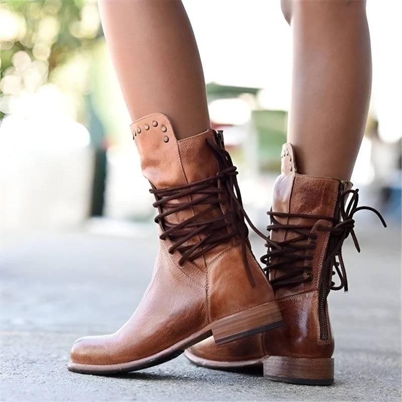 Sienna Lace-Up Mid-Calf Boots | Studded Low Heel Boots - Image 4