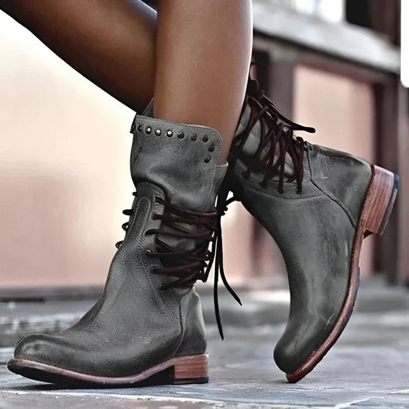 Sienna Lace-Up Mid-Calf Boots | Studded Low Heel Boots - Image 5