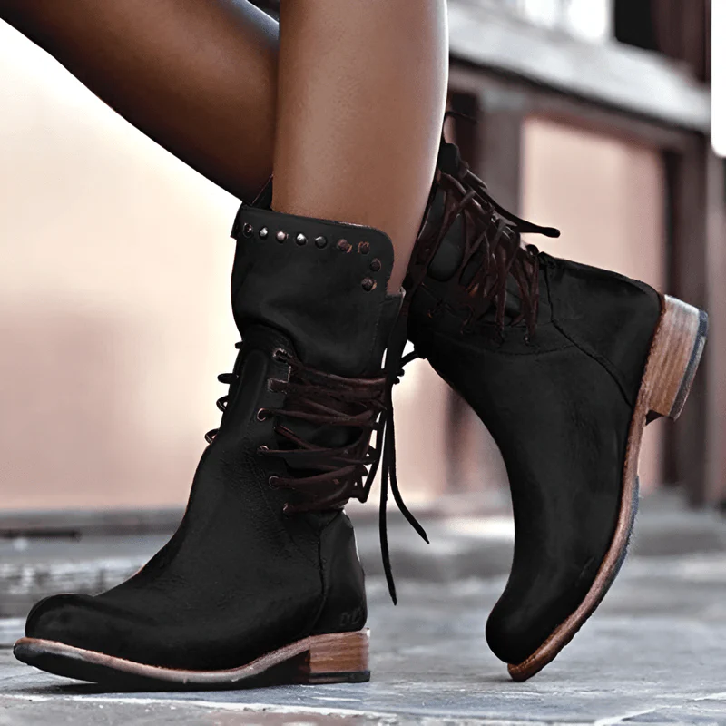 Sienna Lace-Up Mid-Calf Boots | Studded Low Heel Boots - Image 6