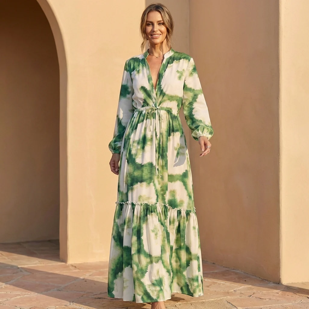 Sienna Maxi Dress | Collared V-Neck Drawstring Waist Dress - Image 2