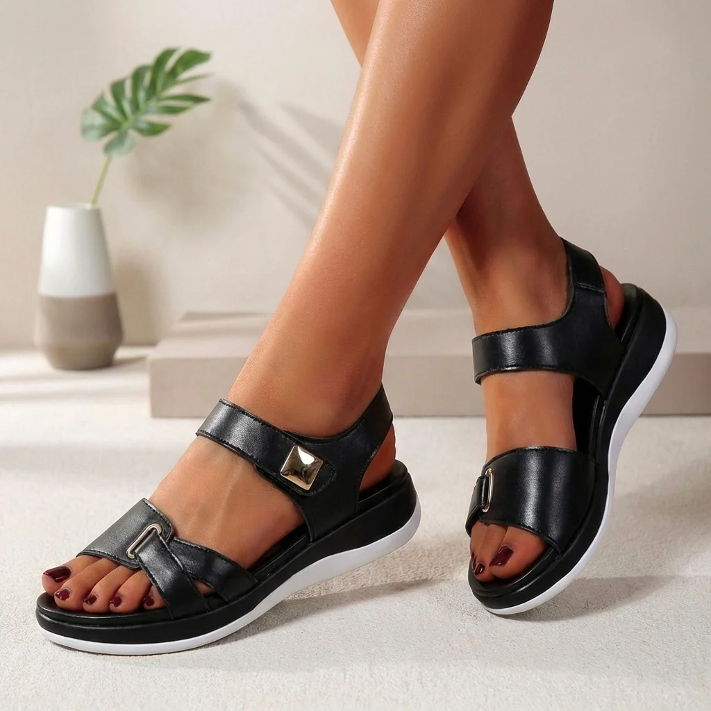 Sienna Orthopedic Open Toe Flat Sandals | Velcro Closure Platform Sole Flat Sandals