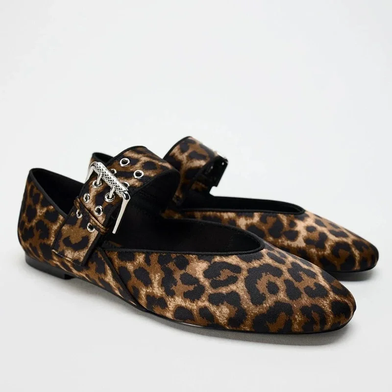 Sienna Pointed Toe Buckle Strap Mary Jane Flats | Leopard Print Flats - Image 4