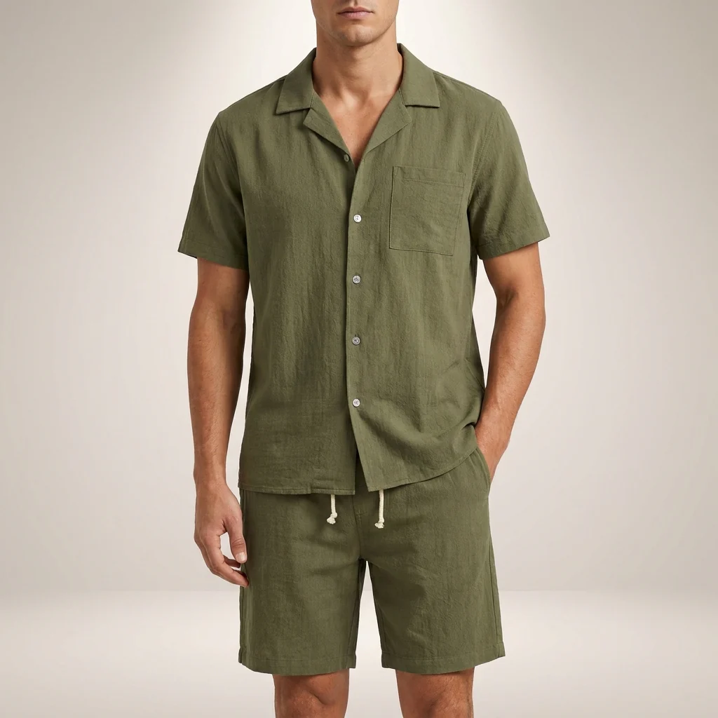 Theo Relaxed Fit Short Sleeve Shirt and Drawstring Shorts Two-Piece Set | Solid Casual Menswear