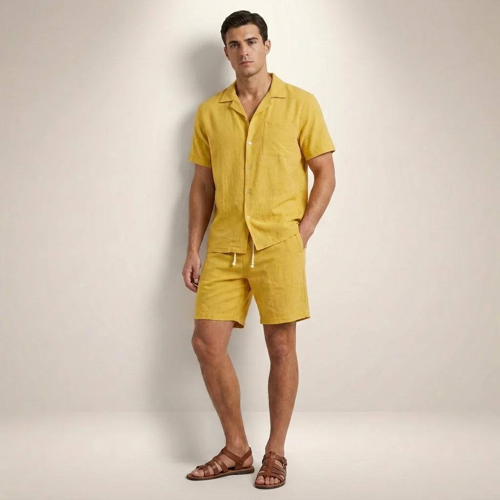 Theo Relaxed Fit Short Sleeve Shirt and Drawstring Shorts Two-Piece Set | Solid Casual Menswear - Image 2