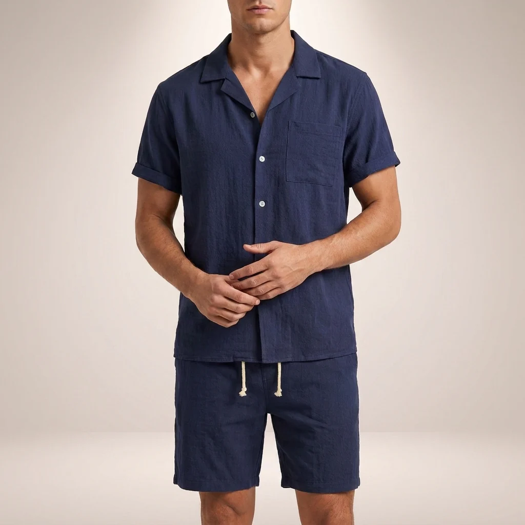 Theo Relaxed Fit Short Sleeve Shirt and Drawstring Shorts Two-Piece Set | Solid Casual Menswear - Image 3