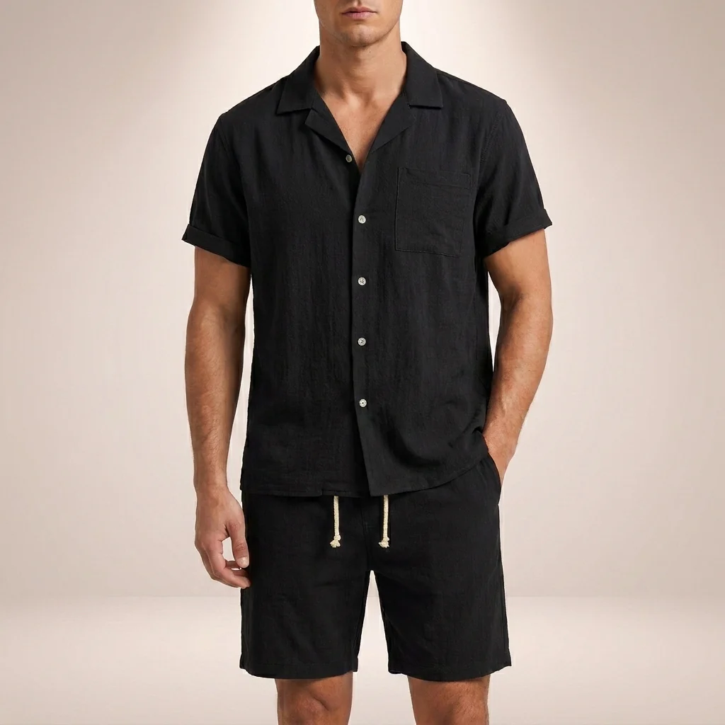 Theo Relaxed Fit Short Sleeve Shirt and Drawstring Shorts Two-Piece Set | Solid Casual Menswear - Image 6