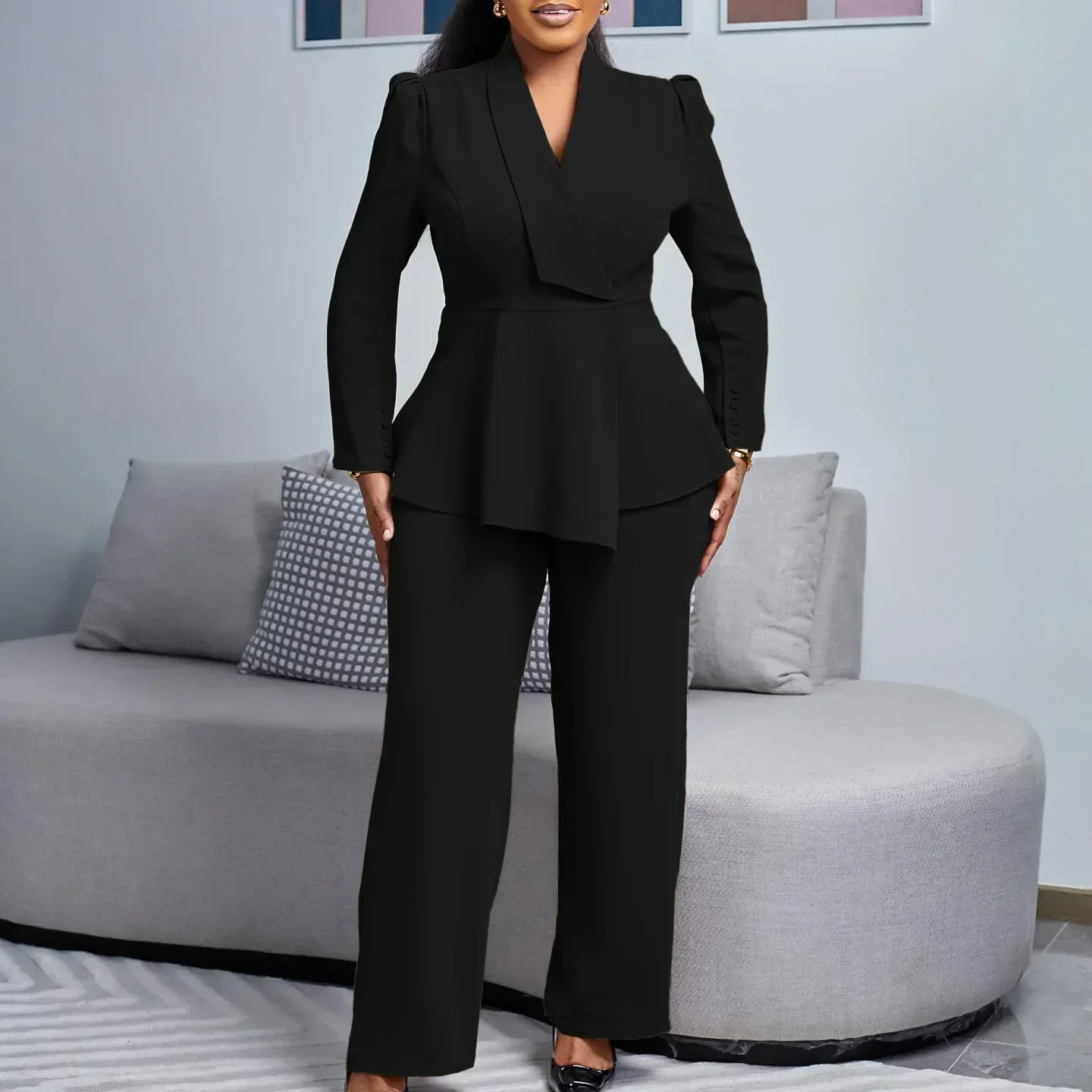 Valentina Peplum Blazer And Wide-Leg Trousers Two-Piece Set | Fitted Silhouette Solid Set - Image 4
