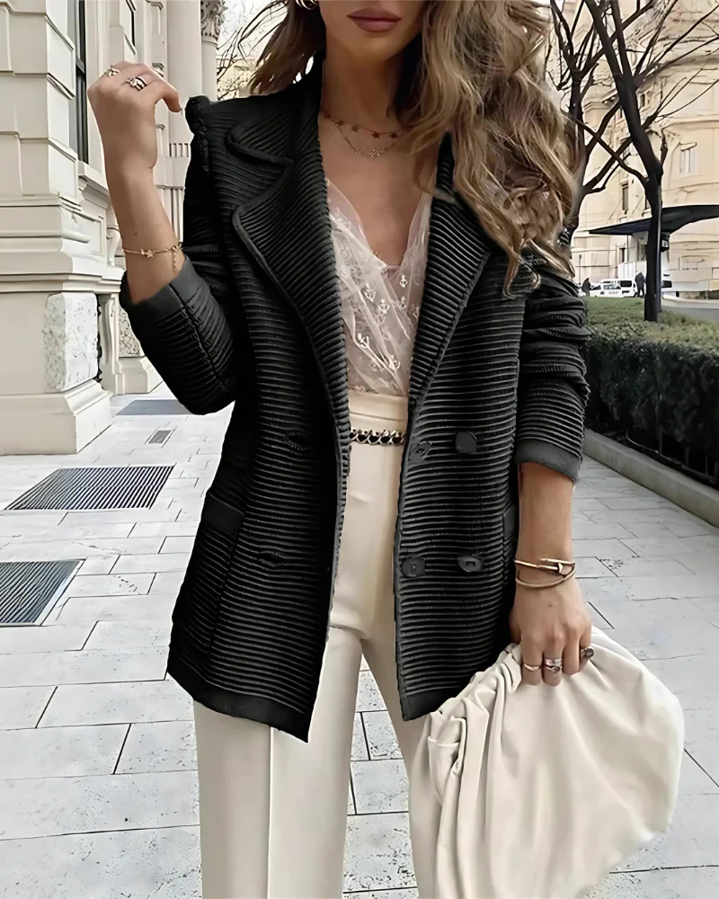 Women’s Blazer Jacket – Double-Breasted – Ribbed Knit – Relaxed Fit – Notched Lapel - Image 2