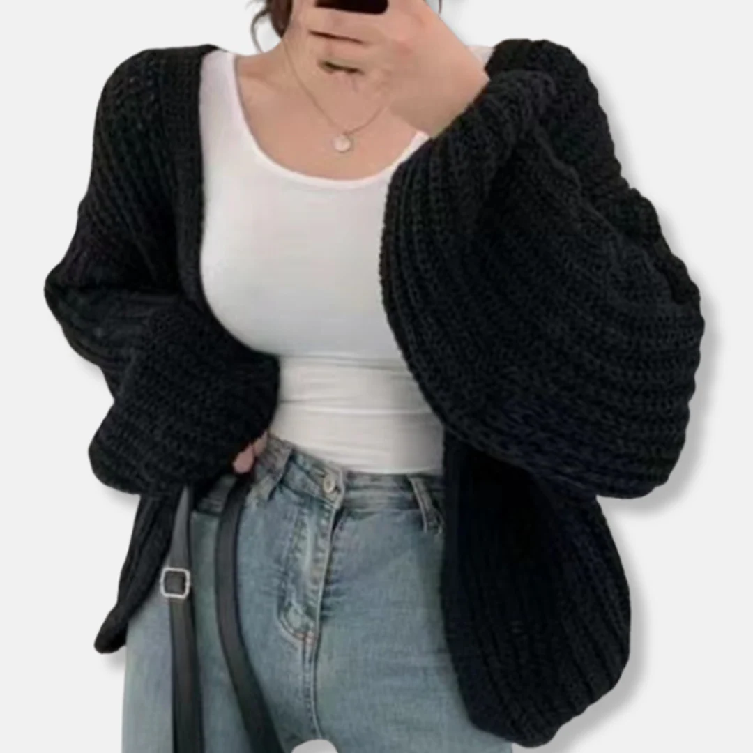 Women’s Cardigan Sweater – Oversized Relaxed Fit – Chunky Ribbed Knit – Balloon Sleeves - Image 3