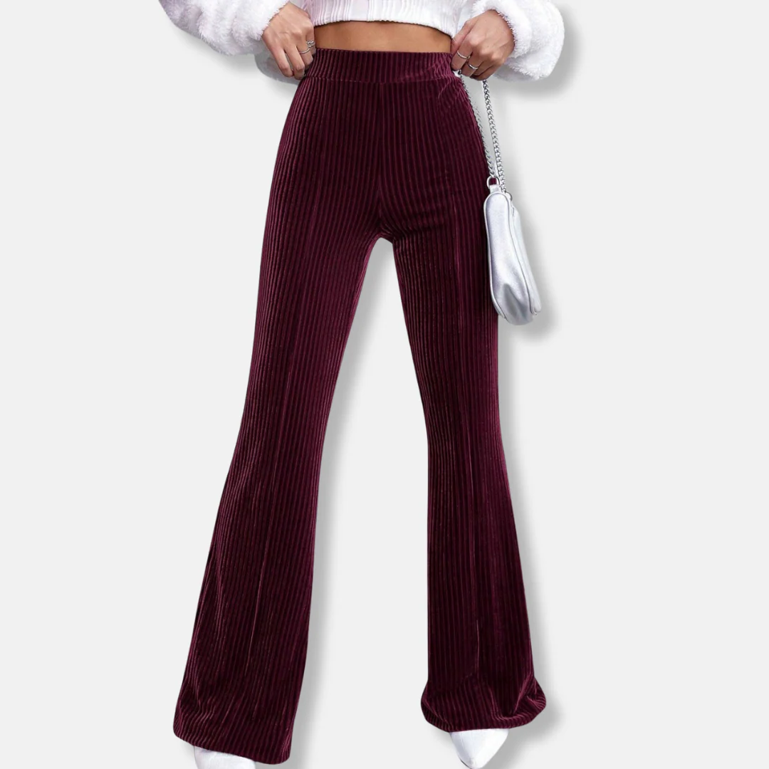Women’s Flared Trousers – High Waist Pull-On Fit – Velour Feel – Ribbed Texture - Image 2