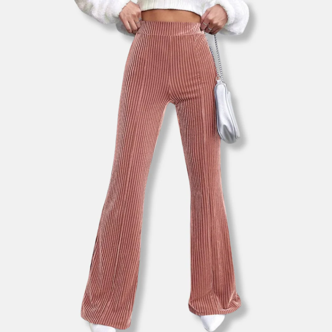 Women’s Flared Trousers – High Waist Pull-On Fit – Velour Feel – Ribbed Texture - Image 4