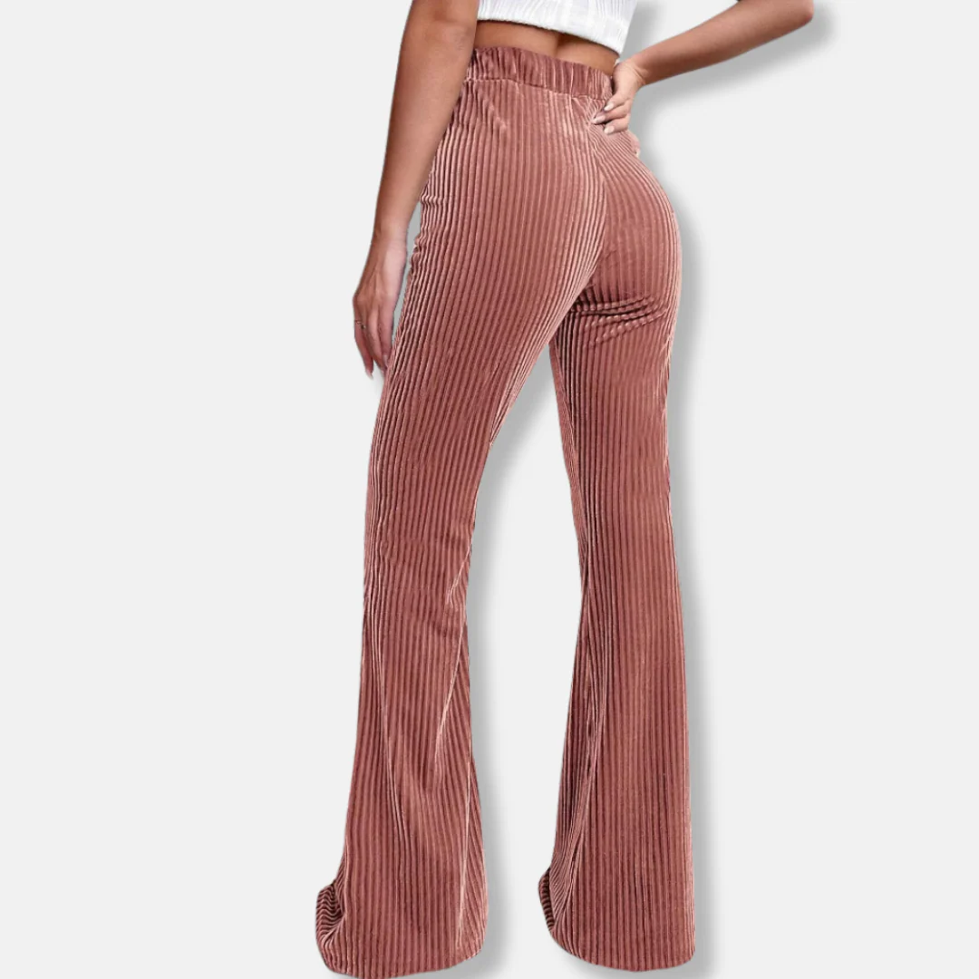 Women’s Flared Trousers – High Waist Pull-On Fit – Velour Feel – Ribbed Texture - Image 5