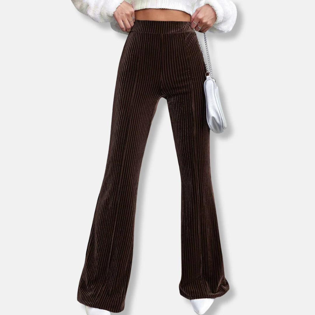 Women’s Flared Trousers – High Waist Pull-On Fit – Velour Feel – Ribbed Texture - Image 6