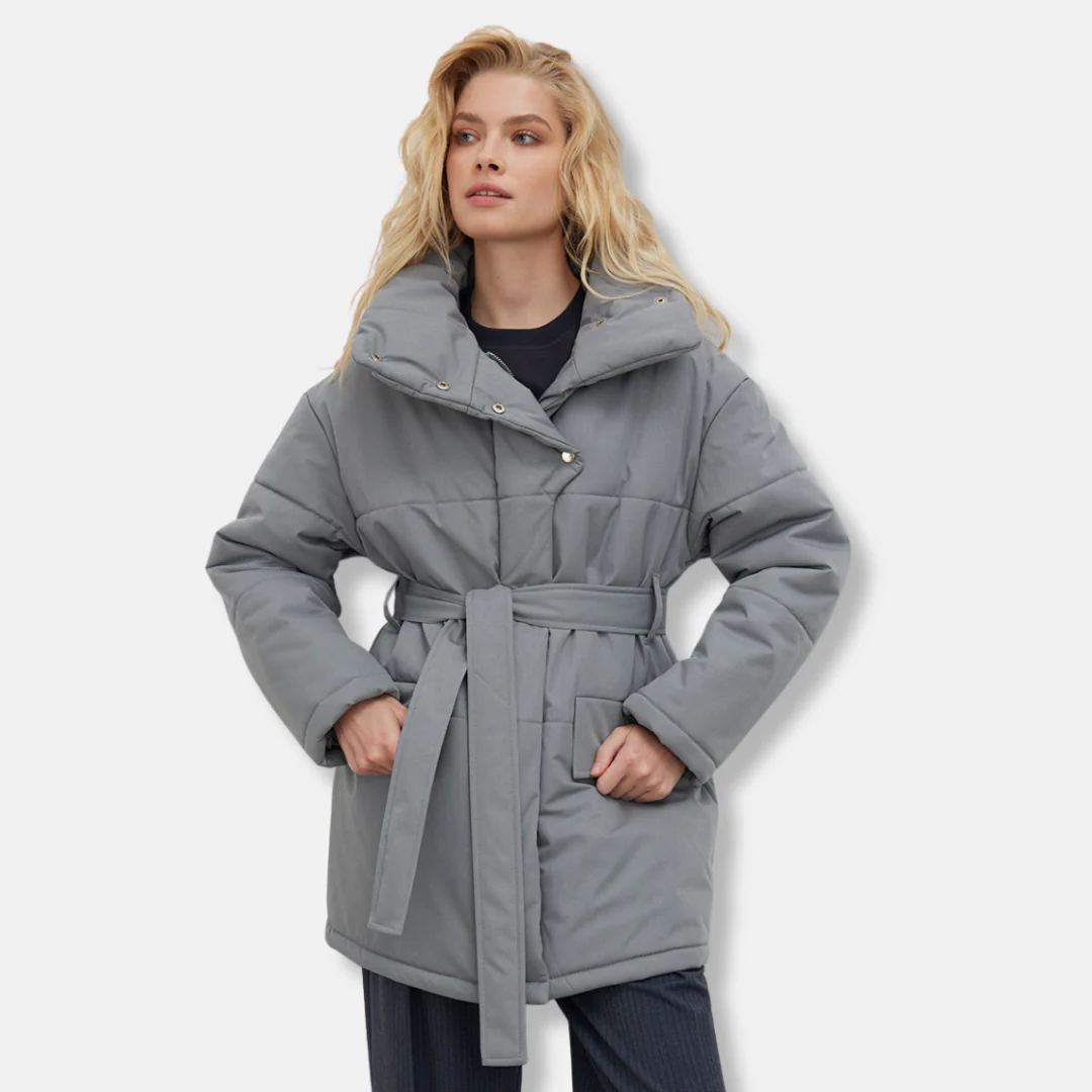 Women’s Jacket – Quilted Cotton Padded – Oversized Fit – Belted Waist – High Collar