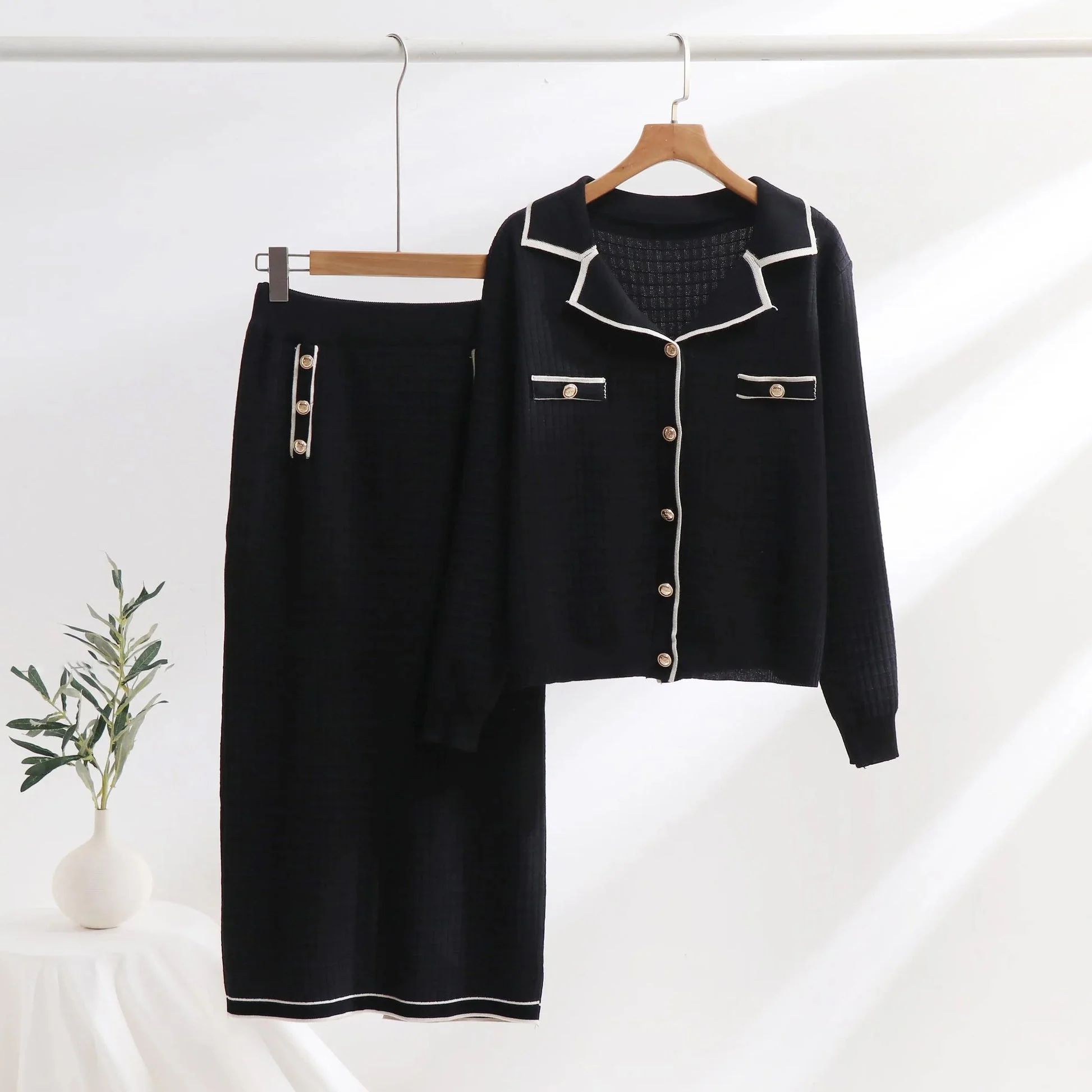 Women’s Knit Set – Polo-Neck Cardigan & Pencil Skirt – Slim Fit – Textured Pattern - Image 3
