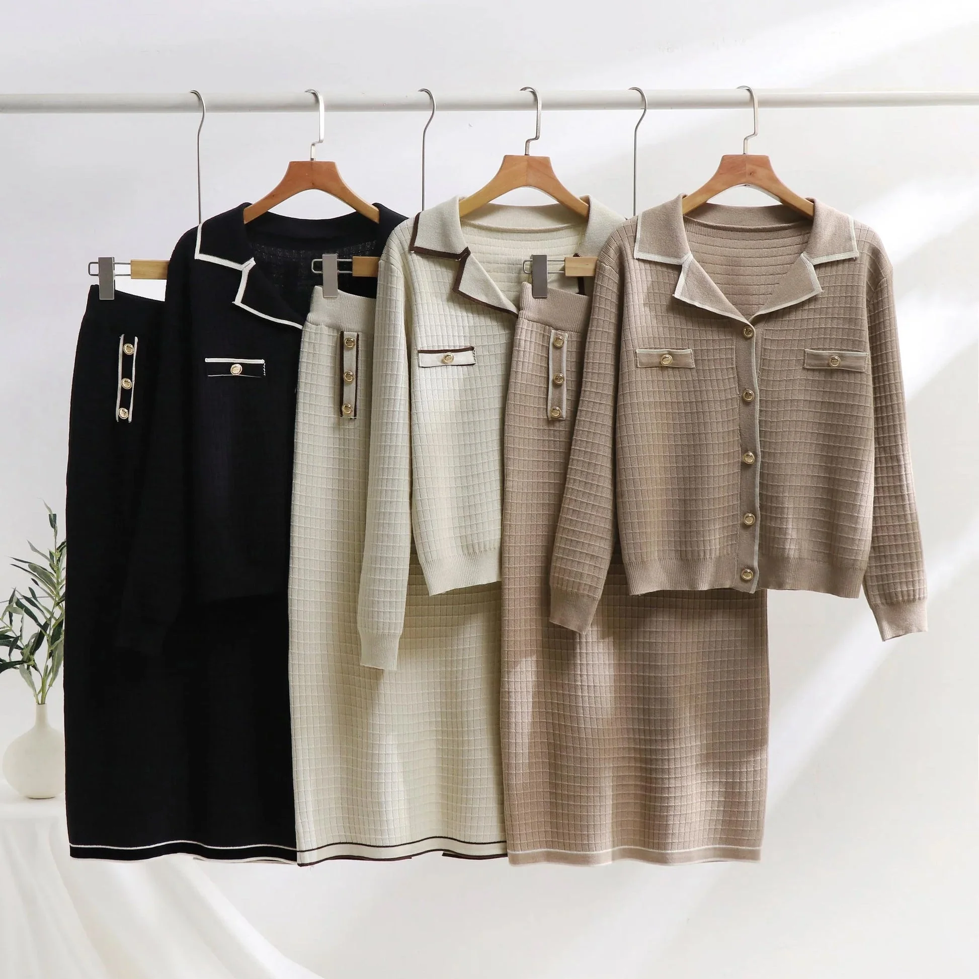 Women’s Knit Set – Polo-Neck Cardigan & Pencil Skirt – Slim Fit – Textured Pattern - Image 4