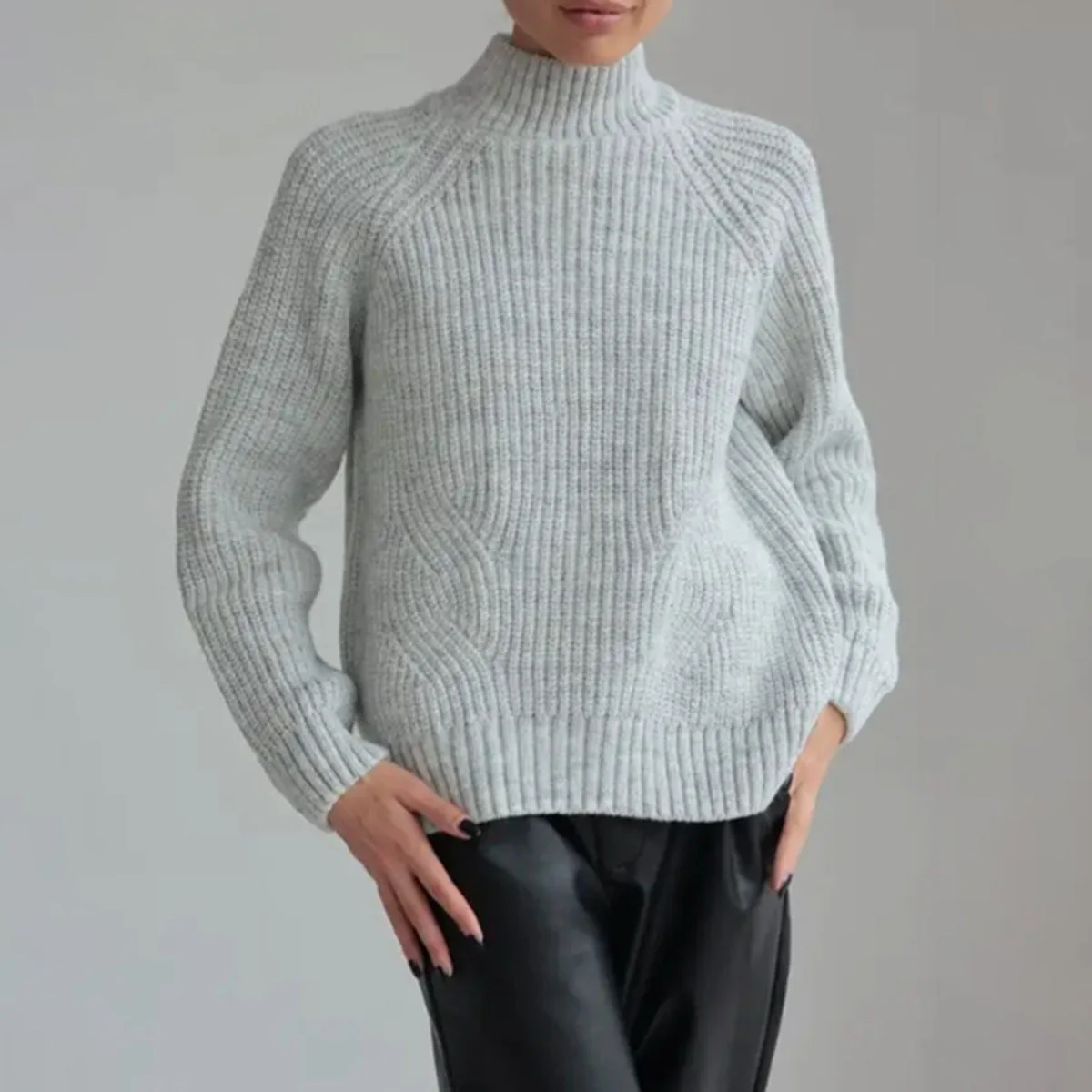 Women’s Knit Sweater – Wool Blend – Loose Fit – Mock Neck – Raglan Sleeves – Ribbed - Image 4