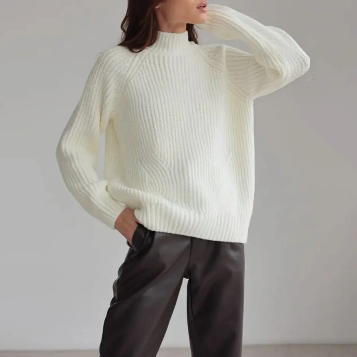 Women’s Knit Sweater – Wool Blend – Loose Fit – Mock Neck – Raglan Sleeves – Ribbed - Image 6